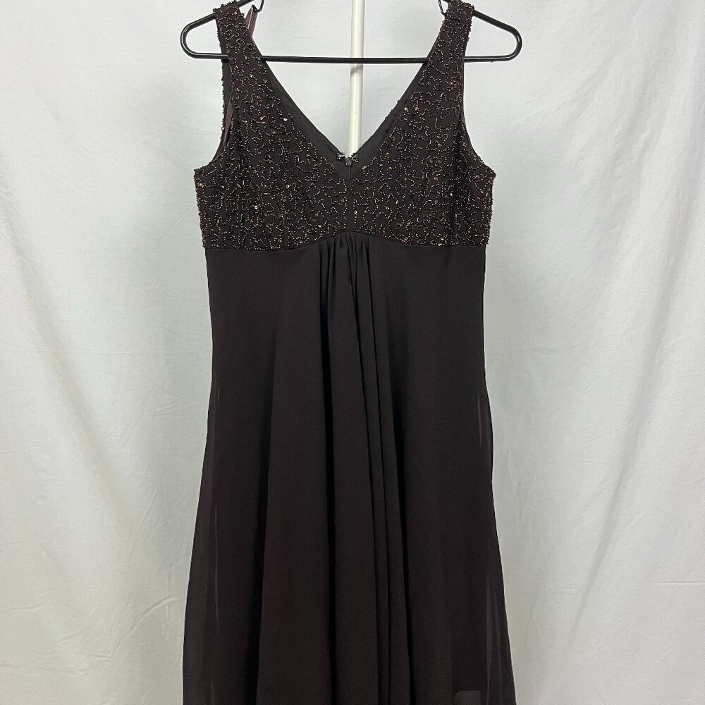 Eva Blue Petite Brown Beaded Bust Midi Dress Chiffon Flowy Ruffles Zip Size 10